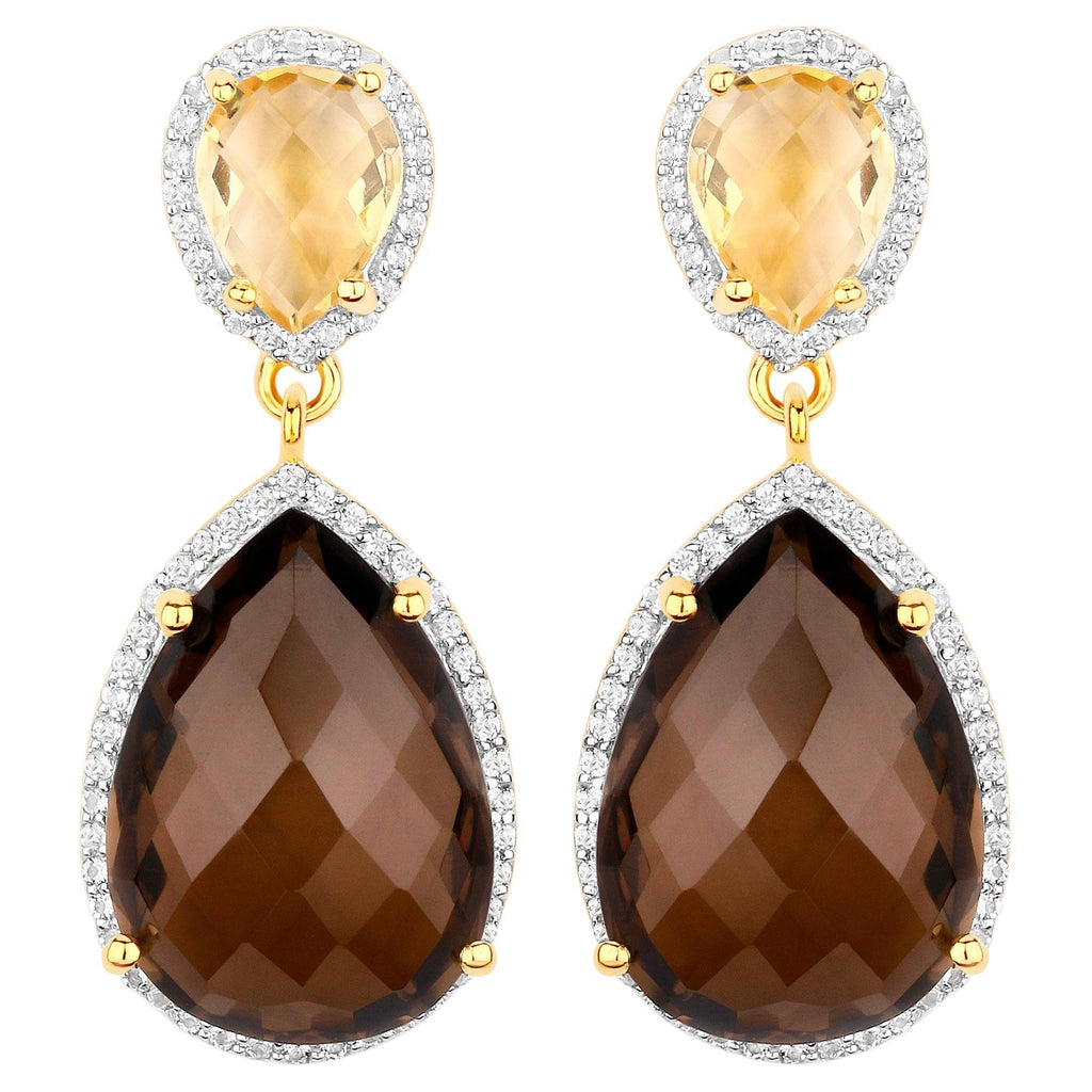 Smoky Quartz Earrings With Citrine 21 Carats Gold Plated Silver