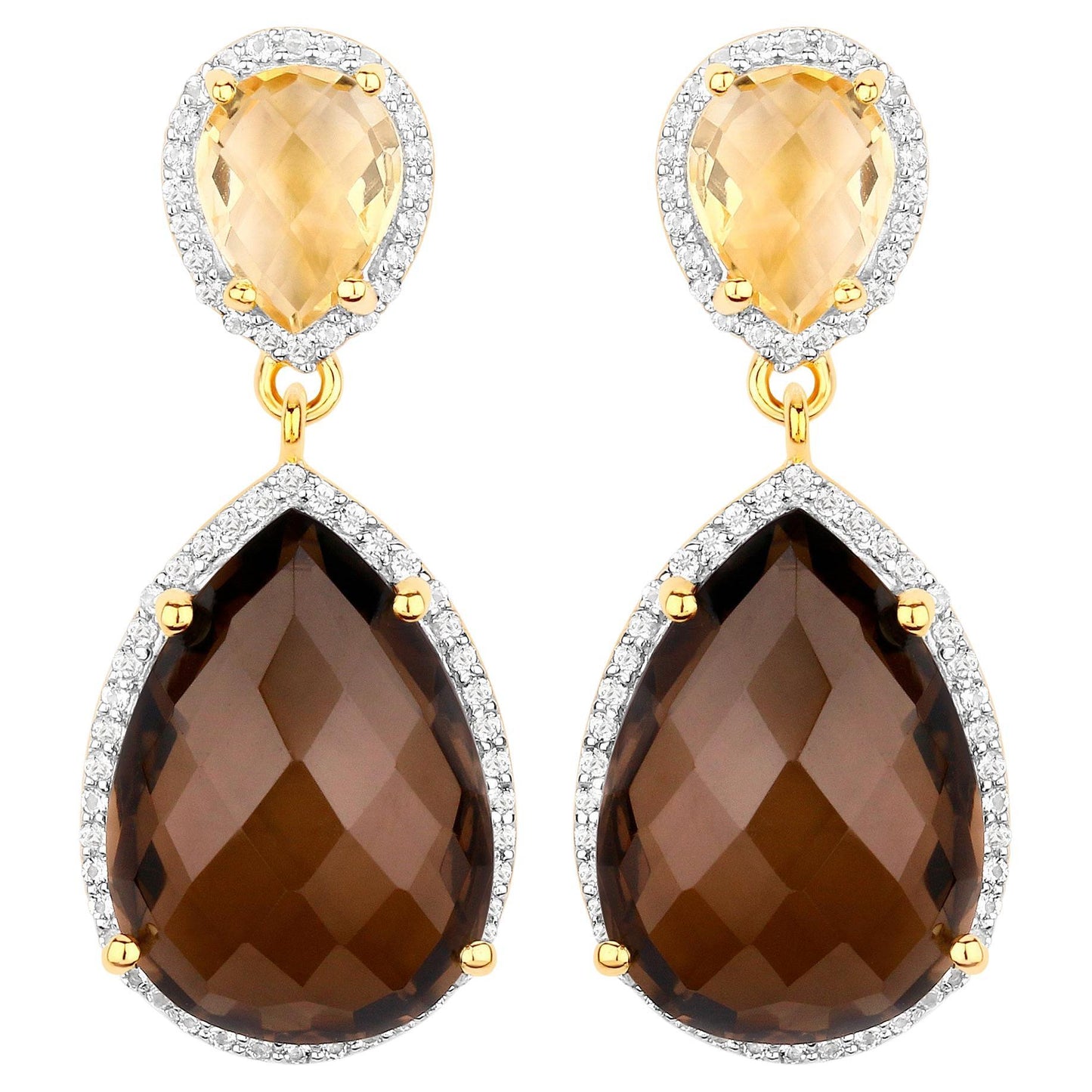 Smoky Quartz Earrings With Citrine 21 Carats Gold Plated Silver