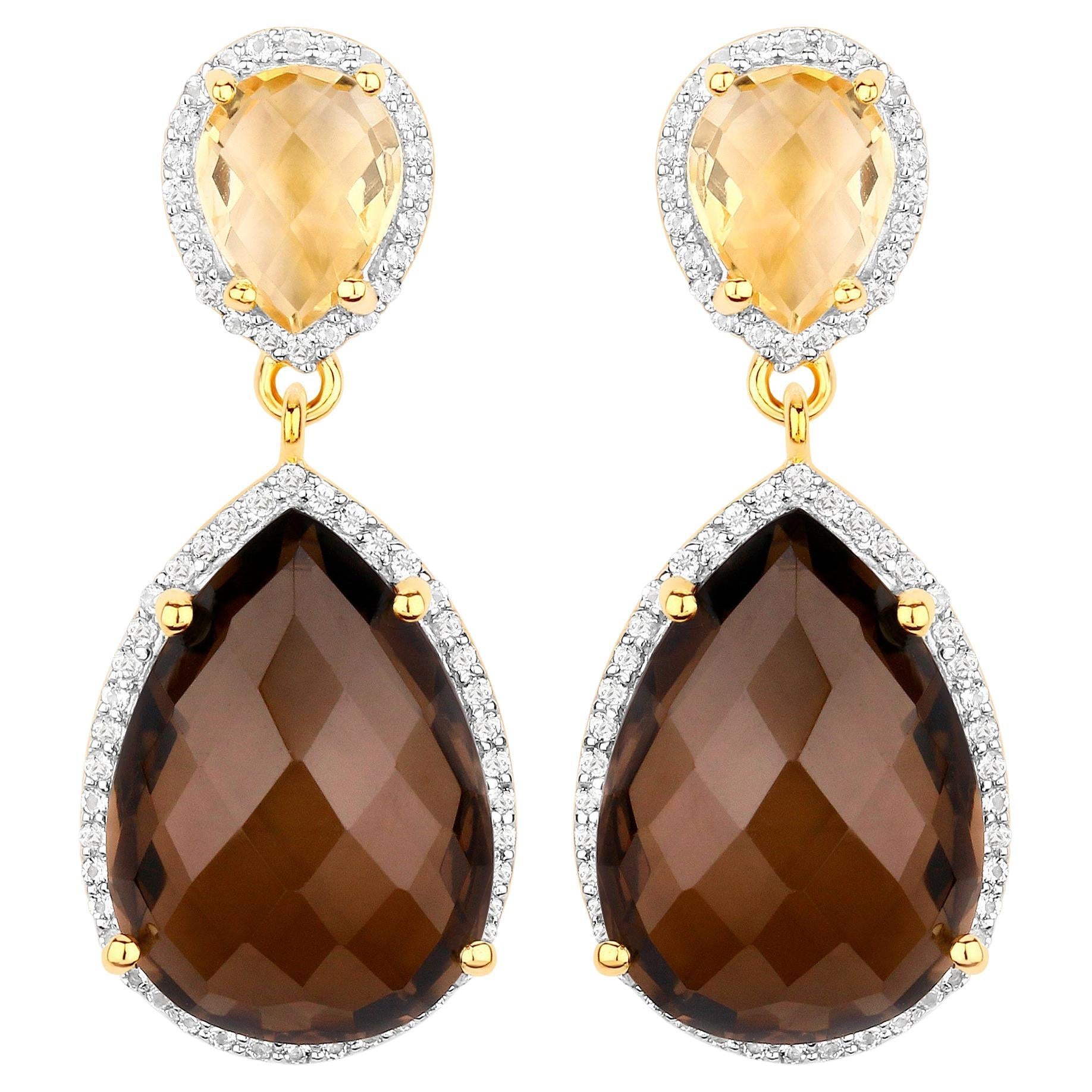 Smoky Quartz Earrings With Citrine 21 Carats Gold Plated Silver