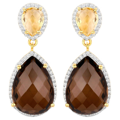 Smoky Quartz Earrings With Citrine 21 Carats Gold Plated Silver