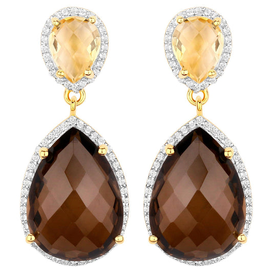 Smoky Quartz Earrings With Citrine 21 Carats Gold Plated Silver