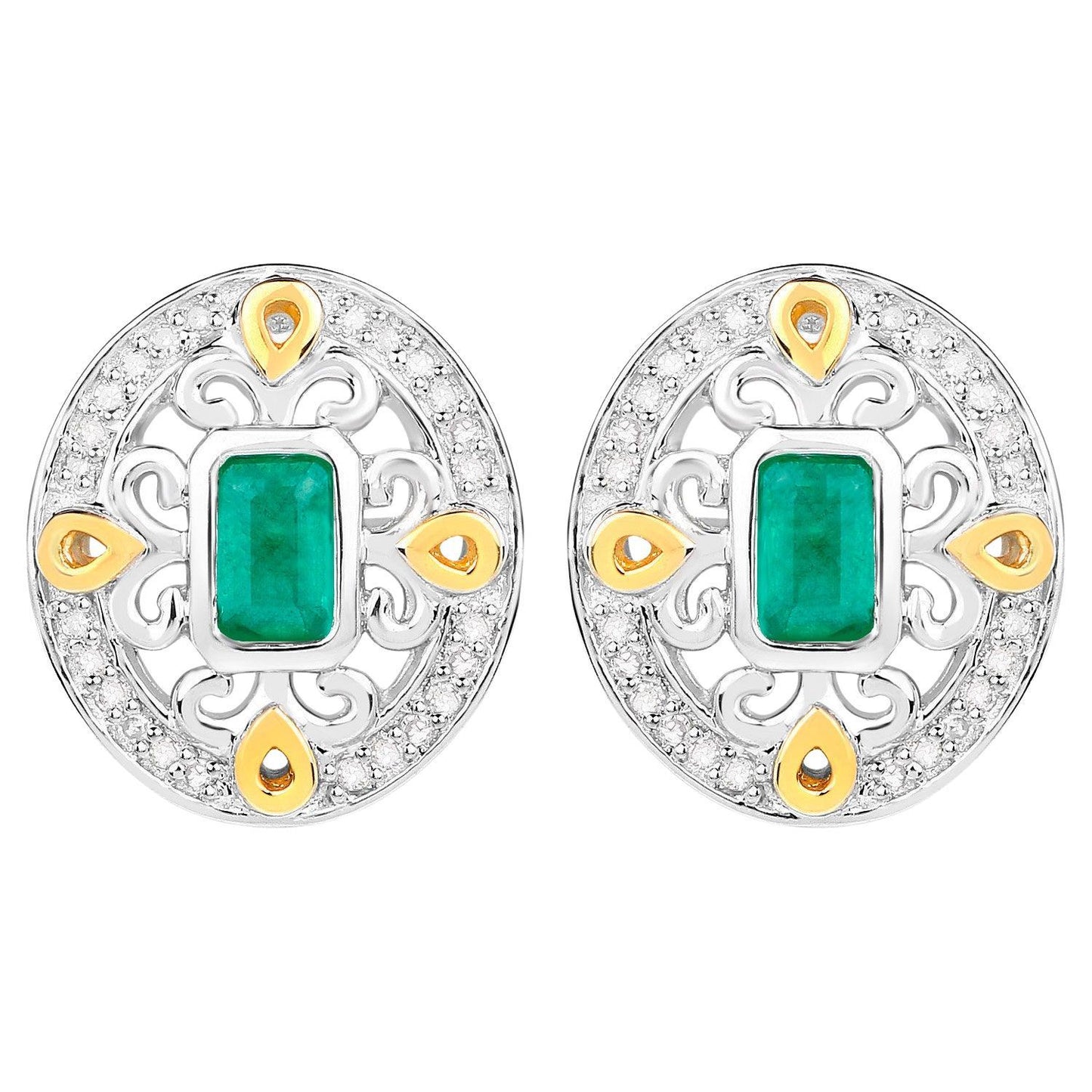 Natural Emerald Earrings With Diamonds 0.66 Carats Sterling Silver