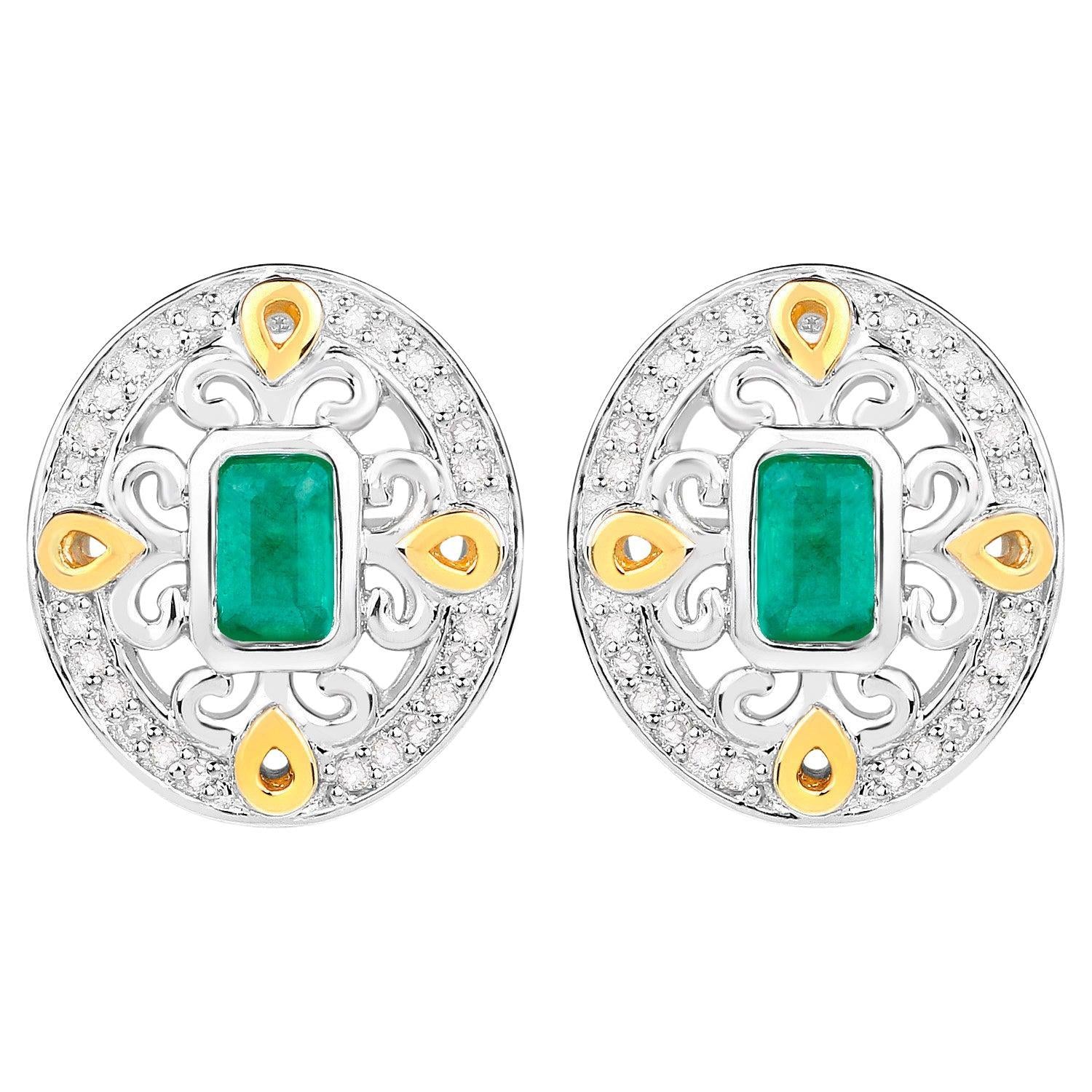 Natural Emerald Earrings With Diamonds 0.66 Carats Sterling Silver