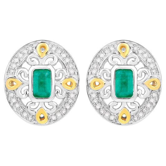 Natural Emerald Earrings With Diamonds 0.66 Carats Sterling Silver