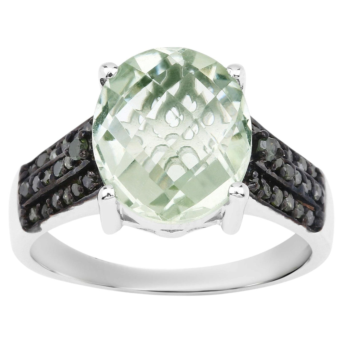Green Amethyst Ring With Green Diamonds 4.22 Carats Sterling Silver