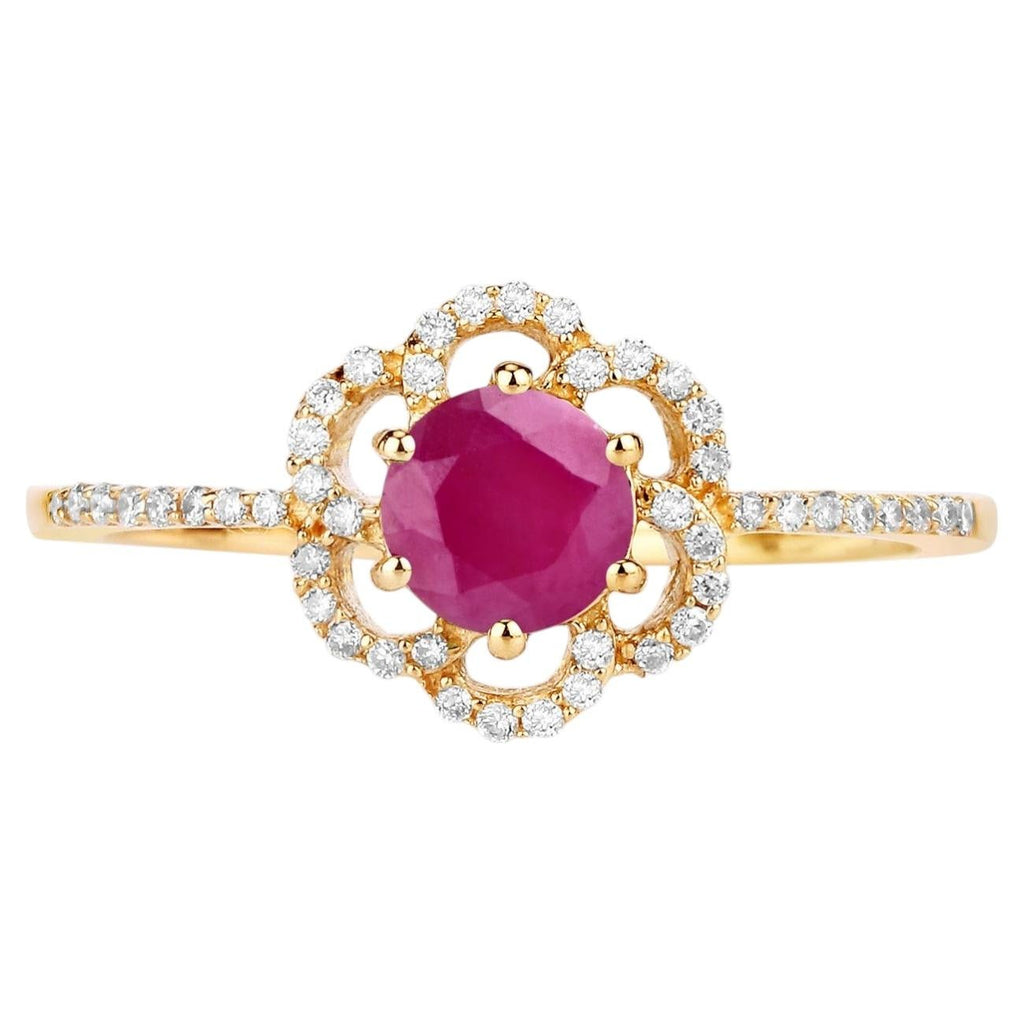 Ruby Flower Ring With Diamonds 0.66 Carats 14K Yellow Gold