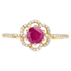 Ruby Flower Ring With Diamonds 0.66 Carats 14K Yellow Gold