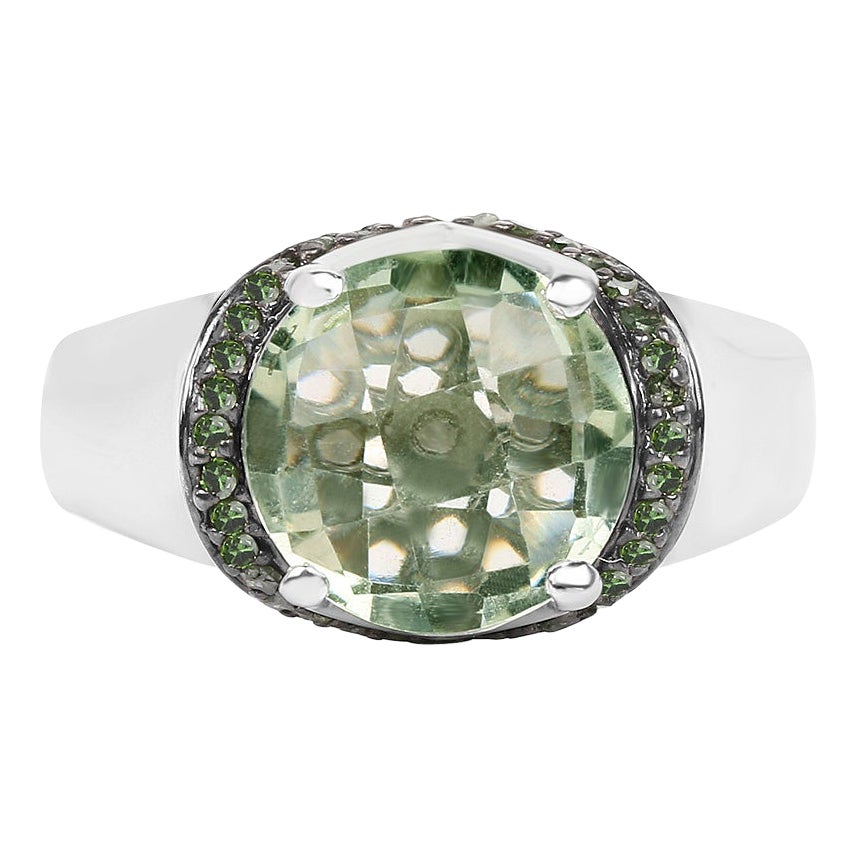 Green Amethyst Ring With Green Diamonds 3.92 Carats Sterling Silver
