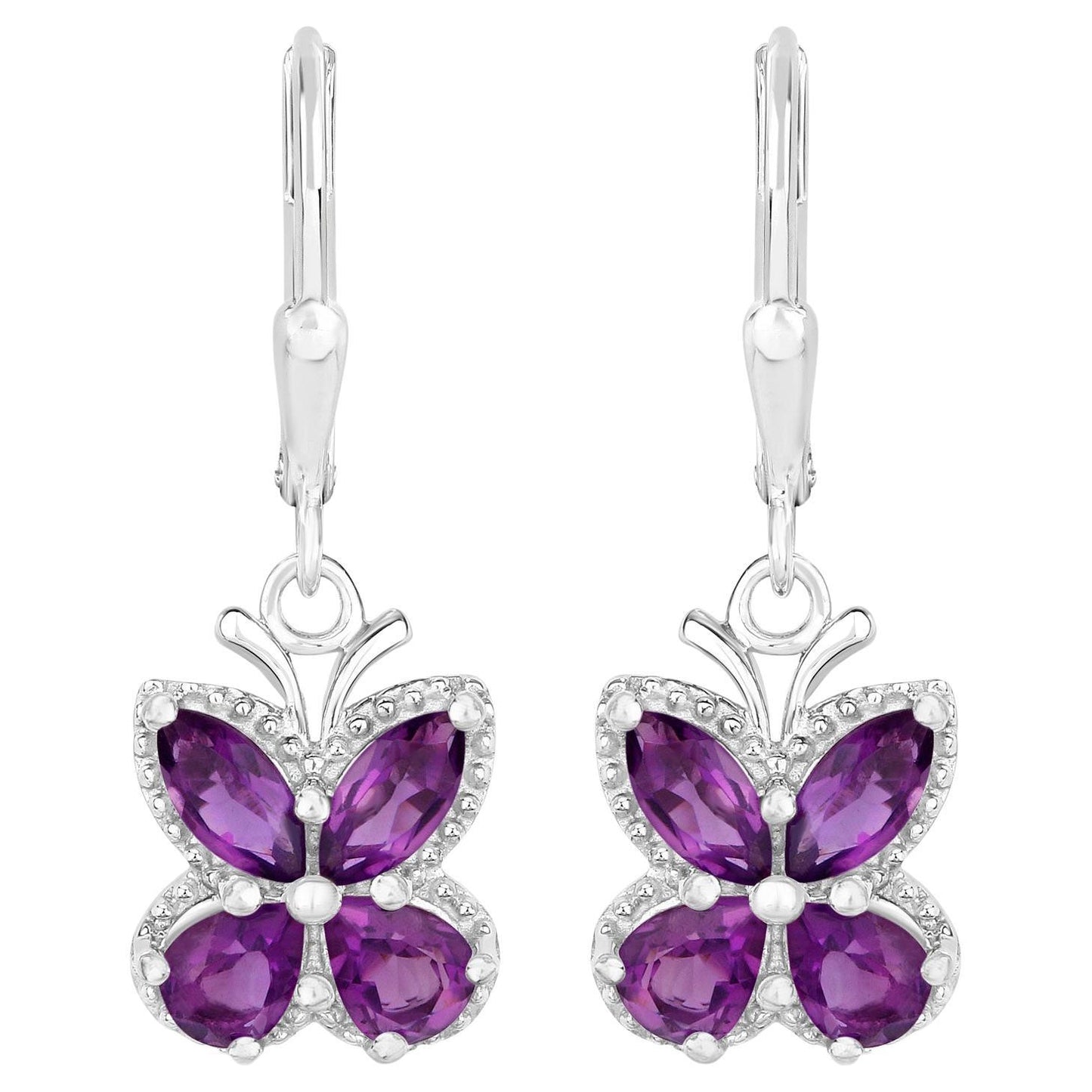 Amethyst Butterfly Earrings 2.12 Carats Rhodium Plated Sterling Silver