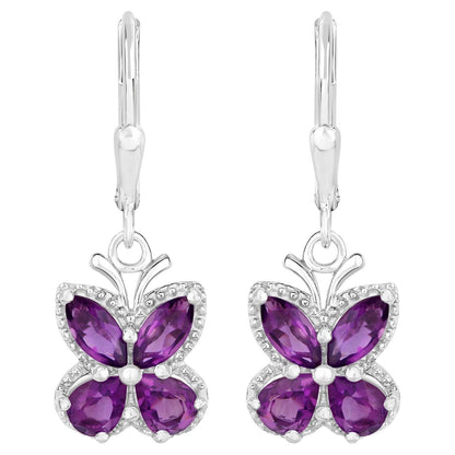 Amethyst Butterfly Earrings 2.12 Carats Rhodium Plated Sterling Silver