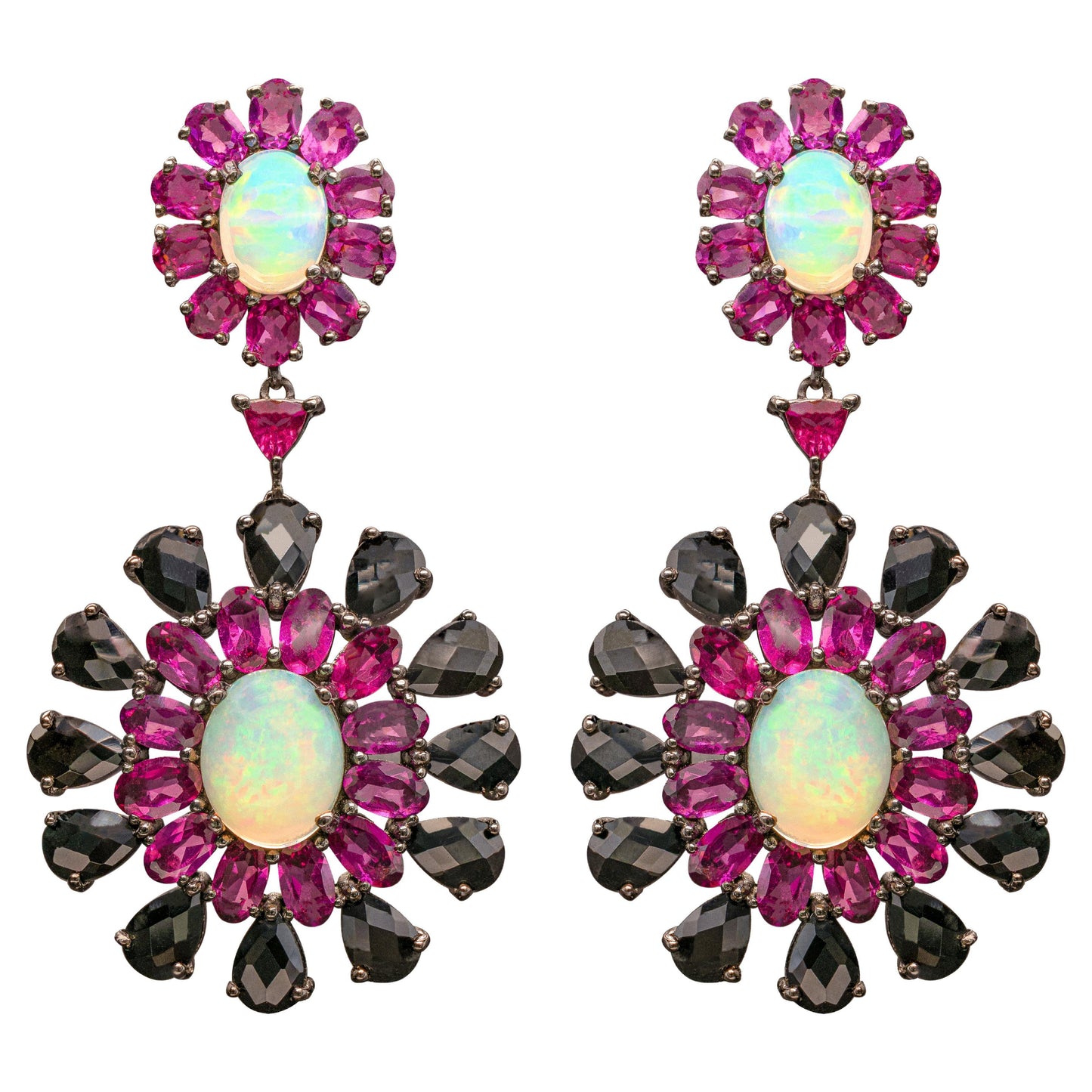 Ethiopian Opal Dangle Earrings Rhodolite and Black Spinel 29 Carats