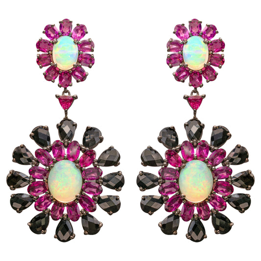 Ethiopian Opal Dangle Earrings Rhodolite and Black Spinel 29 Carats