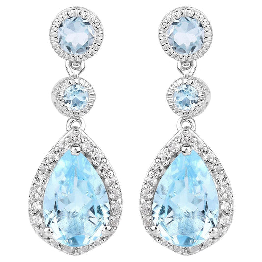 Swiss Blue Topaz Dangle Earrings With White Topaz 9.46 Carats