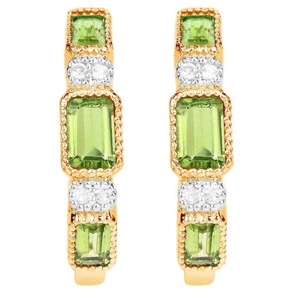 Natural Peridot Hoop Earrings White Topaz 2.44 Carats 14K Gold Plated Silver