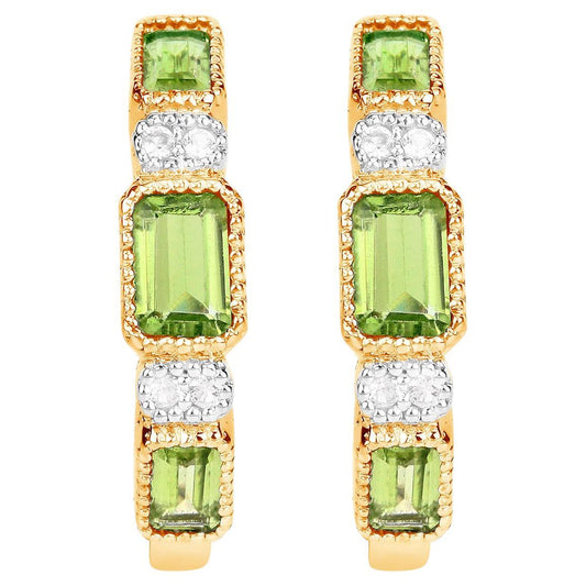 Natural Peridot Hoop Earrings White Topaz 2.44 Carats 14K Gold Plated Silver