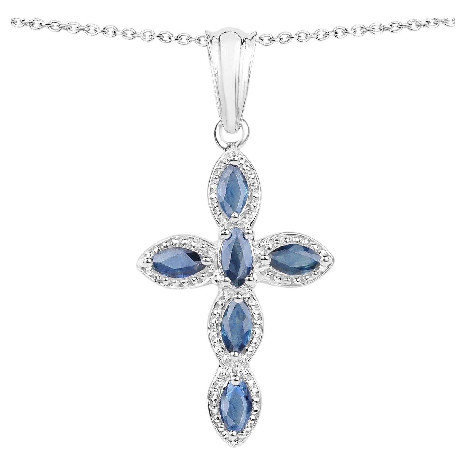 Blue Sapphire Cross Pendant 0.88 Carats Sterling Silver