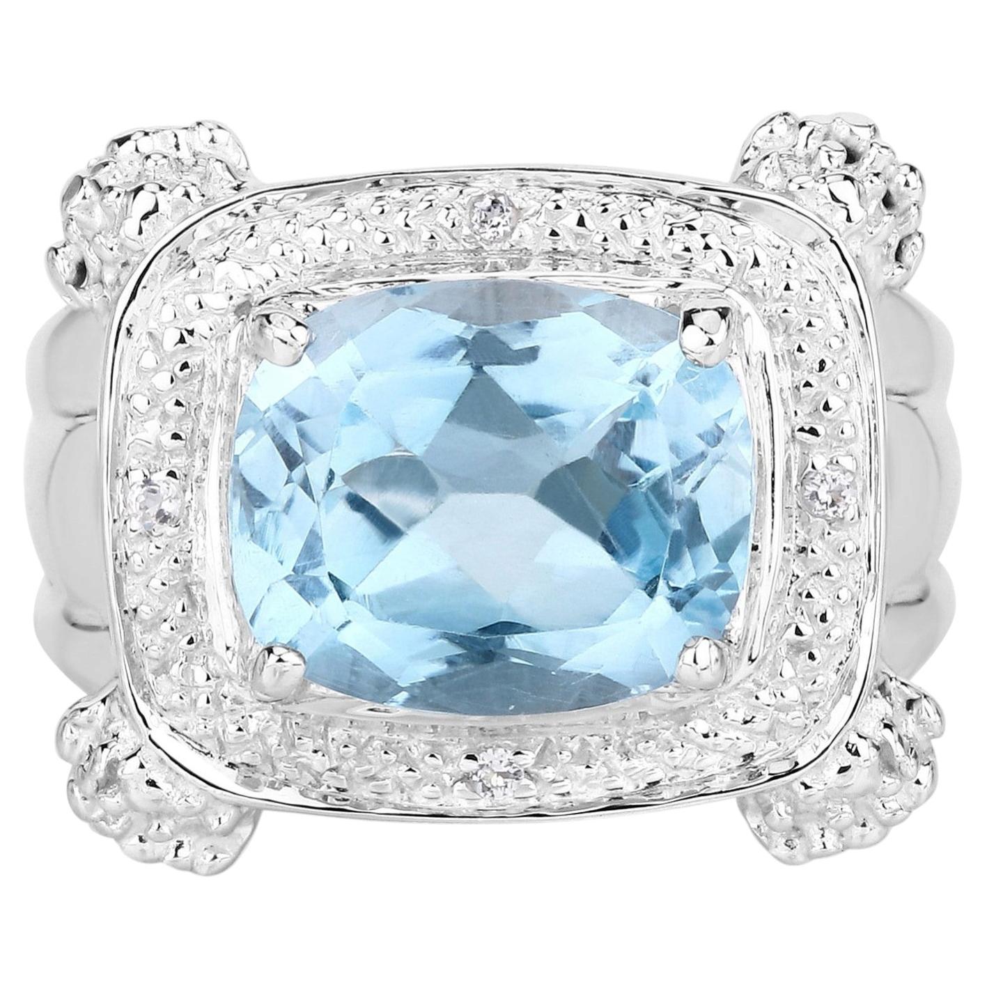 Blue Topaz Ring With White Topaz 4.86 Carats Sterling Silver