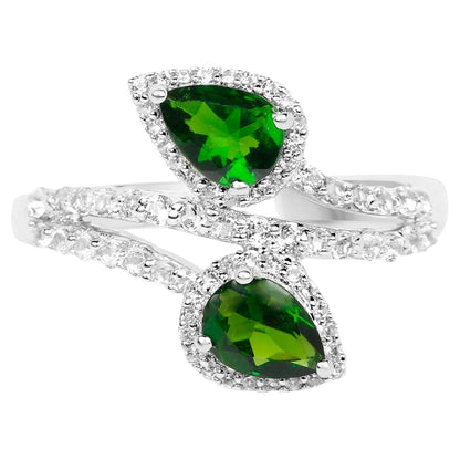 Chrome Diopside Bypass Ring White Topaz 2.22 Carats Sterling Silver