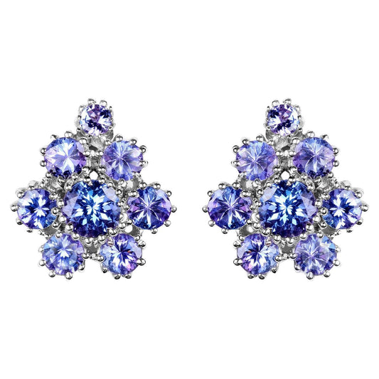 Tanzanite Stud Earrings 4.2 Carats Rhodium Plated Silver