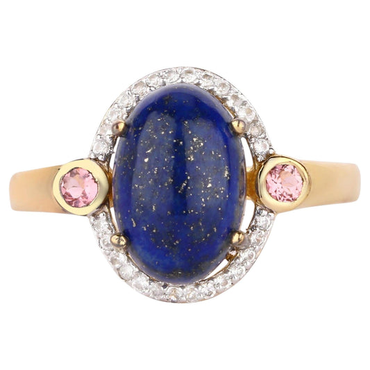 Lapis Ring With Pink Tourmaline 4.29 Carats Gold Plated Silver