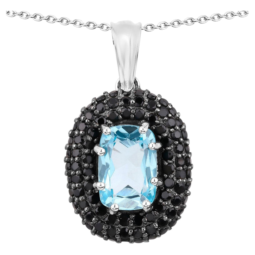 Blue Topaz Pendant With Black Spinel 6.68 Carats Sterling Silver