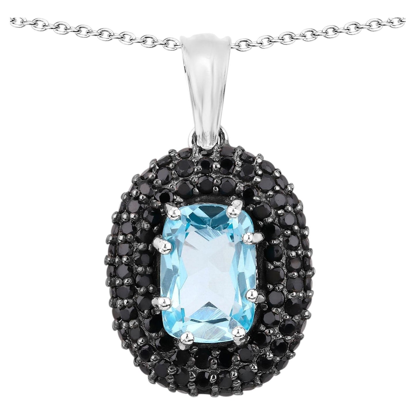 Blue Topaz Pendant With Black Spinel 6.68 Carats Sterling Silver