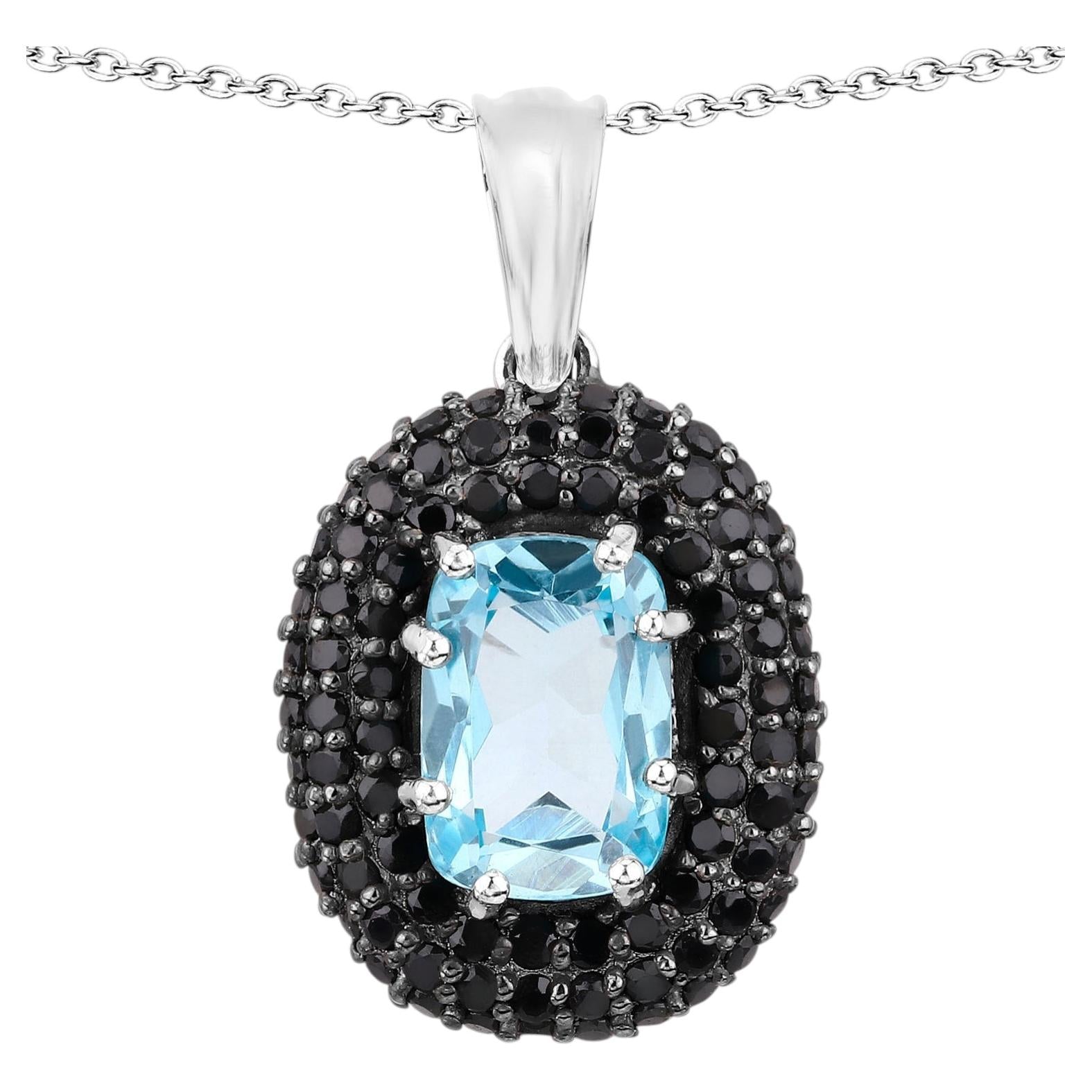 Blue Topaz Pendant With Black Spinel 6.68 Carats Sterling Silver