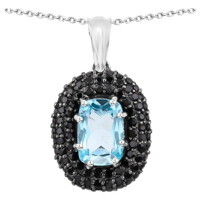 Blue Topaz Pendant With Black Spinel 6.68 Carats Sterling Silver