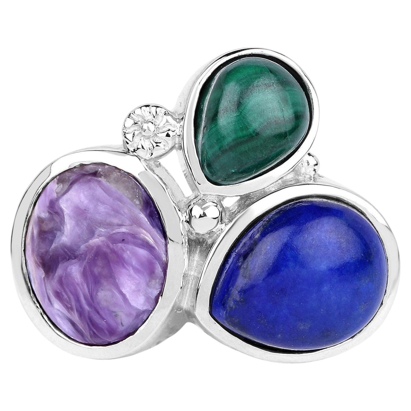 Lapis Ring With Charoite and Malachite 11.2 Carats Sterling Silver