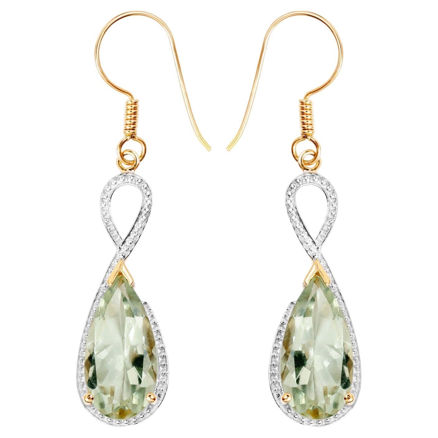 Green Amethyst Dangle Earrings 10 Carats 14K Yellow Gold Plated Silver