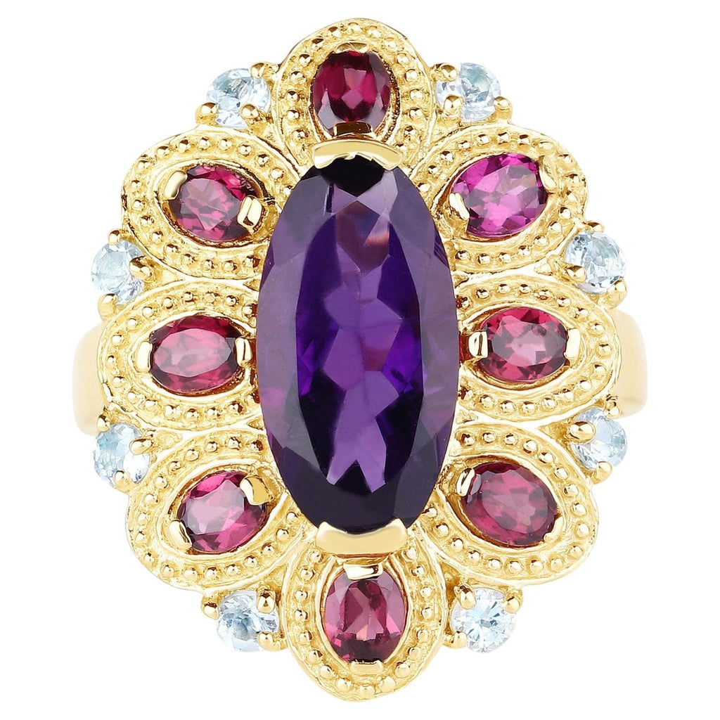 Amethyst Flower Ring With Rhodolite Garnet 6.76 Carats Gold Plated Silver