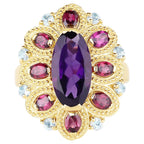 Amethyst Flower Ring With Rhodolite Garnet 6.76 Carats Gold Plated Silver