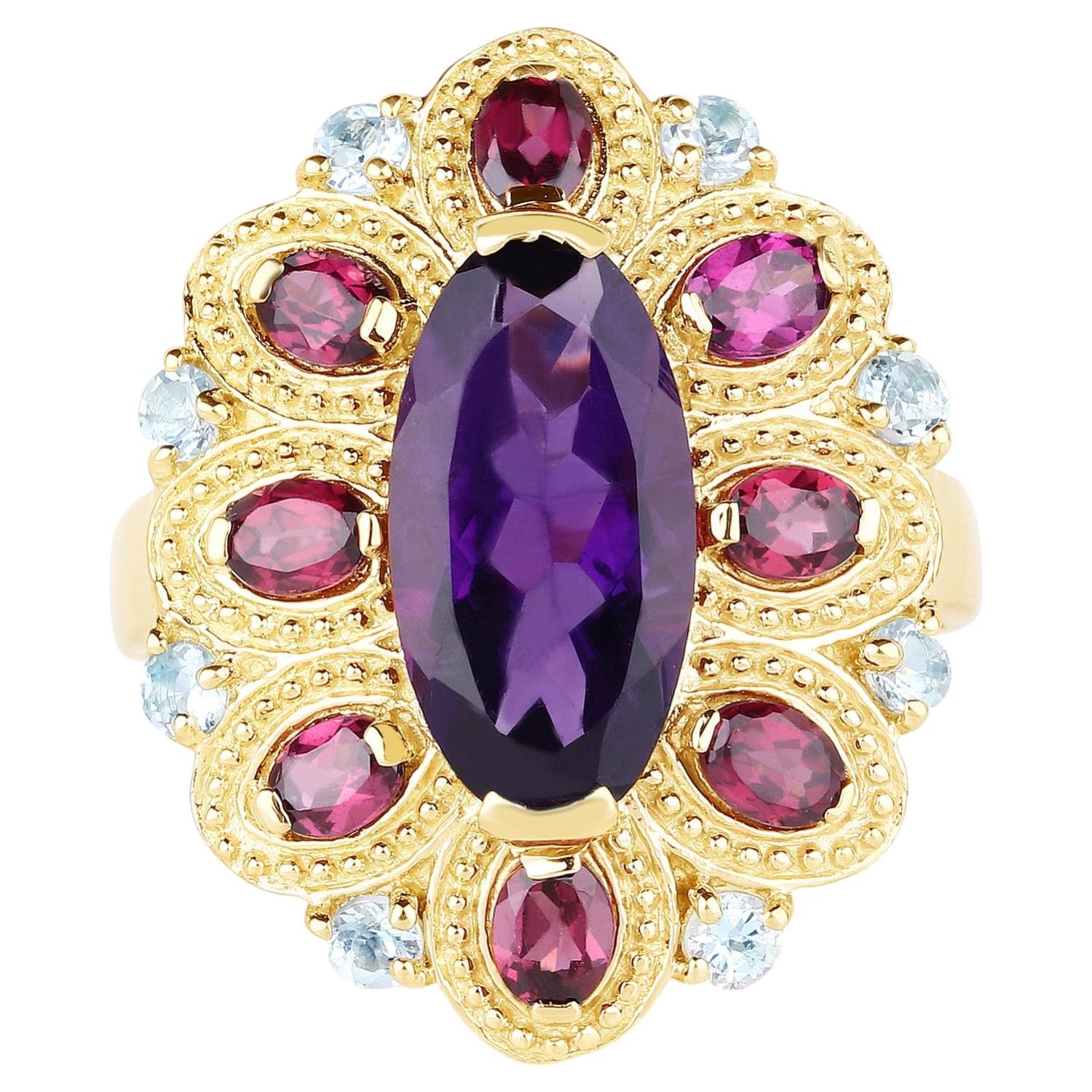 Amethyst Flower Ring With Rhodolite Garnet 6.76 Carats Gold Plated Silver