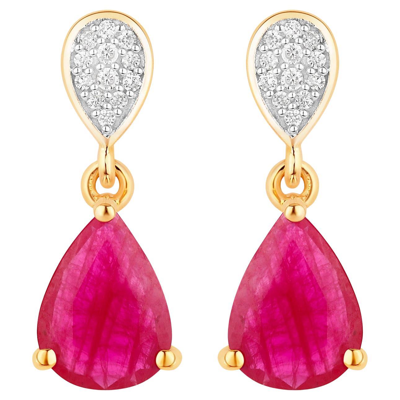 Ruby Dangle Earrings Diamonds 2.45 Carats 10K Yellow Gold