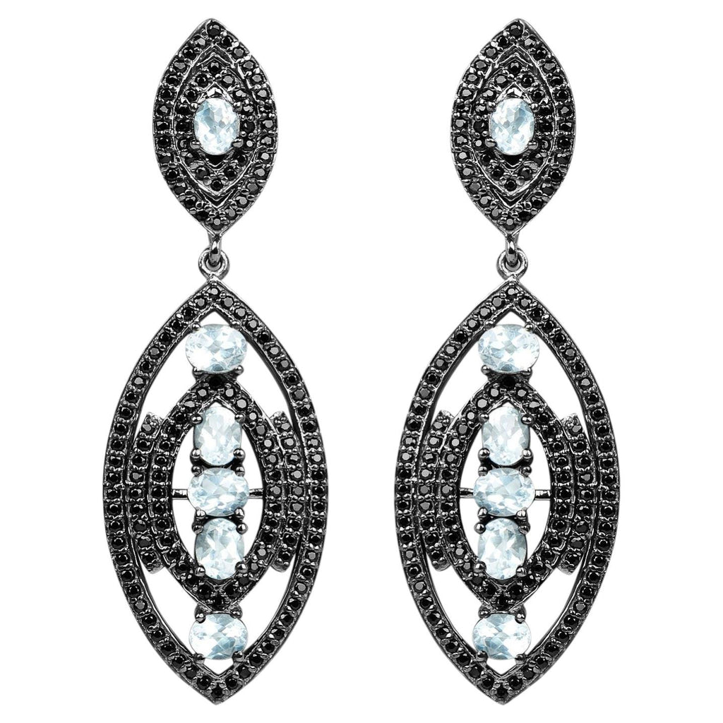 Blue Topaz Earrings With Black Spinel 8.78 Carats Sterling Silver