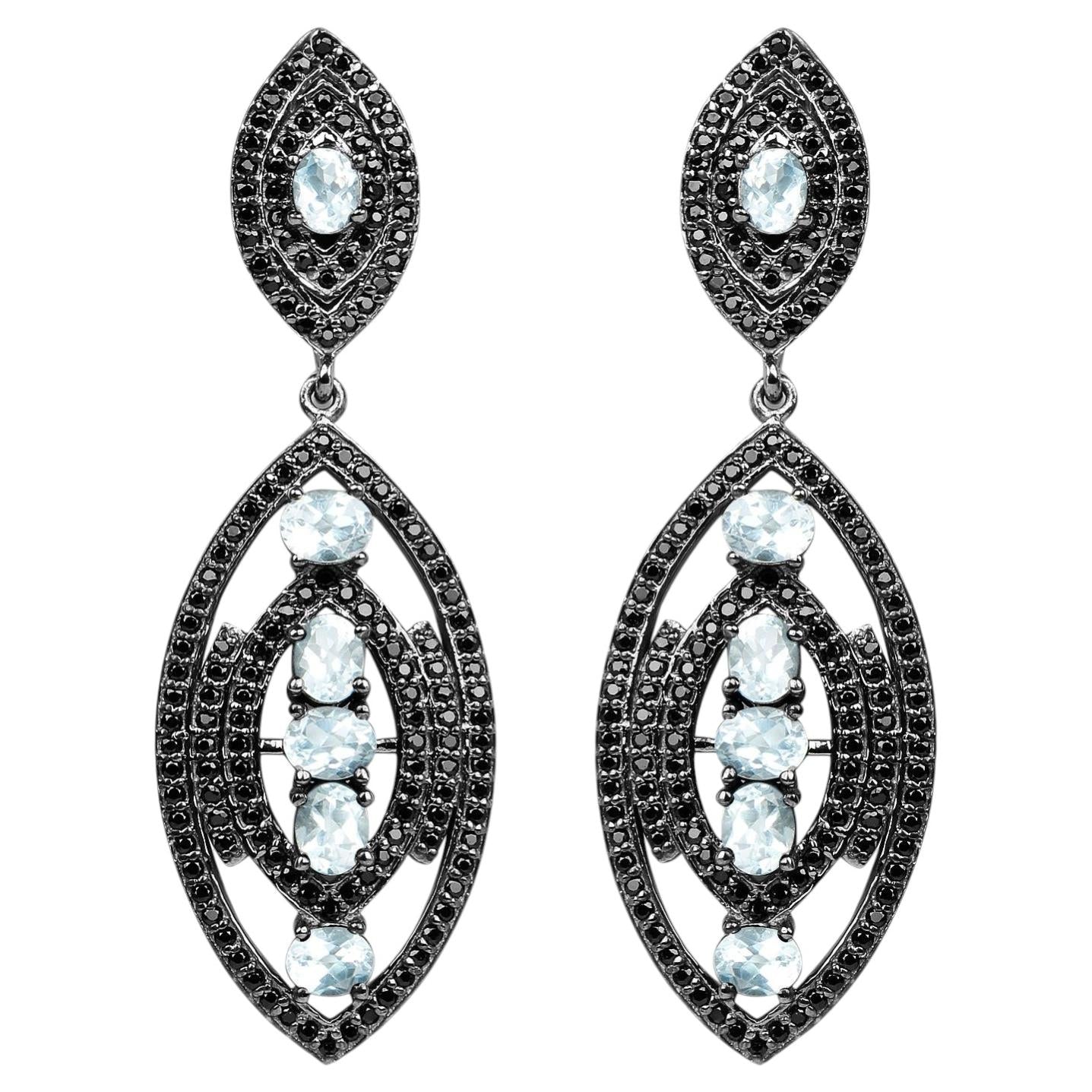 Blue Topaz Earrings With Black Spinel 8.78 Carats Sterling Silver