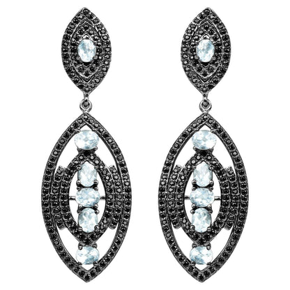 Blue Topaz Earrings With Black Spinel 8.78 Carats Sterling Silver