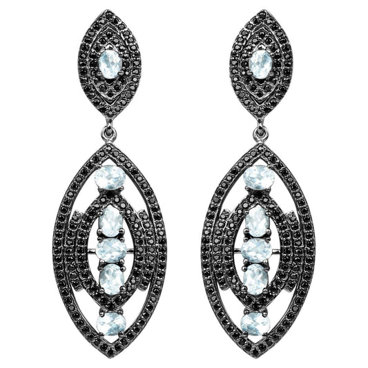 Blue Topaz Earrings With Black Spinel 8.78 Carats Sterling Silver