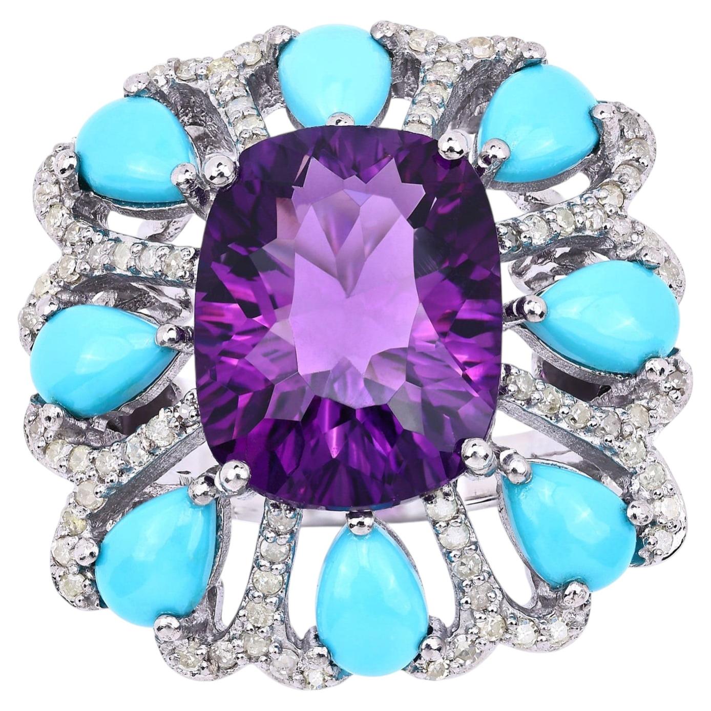 Amethyst Ring With Turquoise 10.6 Carats Sterling Silver