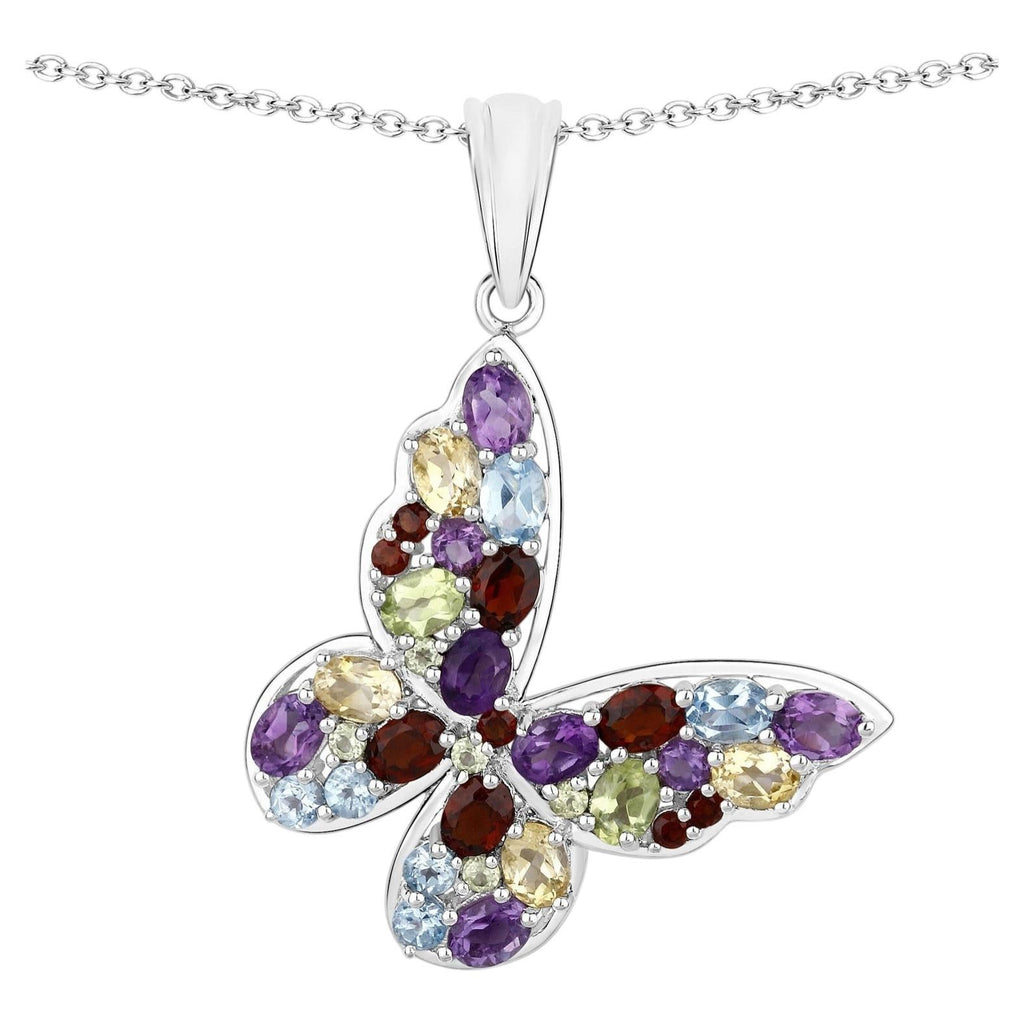Natural Mixed Gemstones Butterfly Pendant 3.64 Carats Sterling Silver
