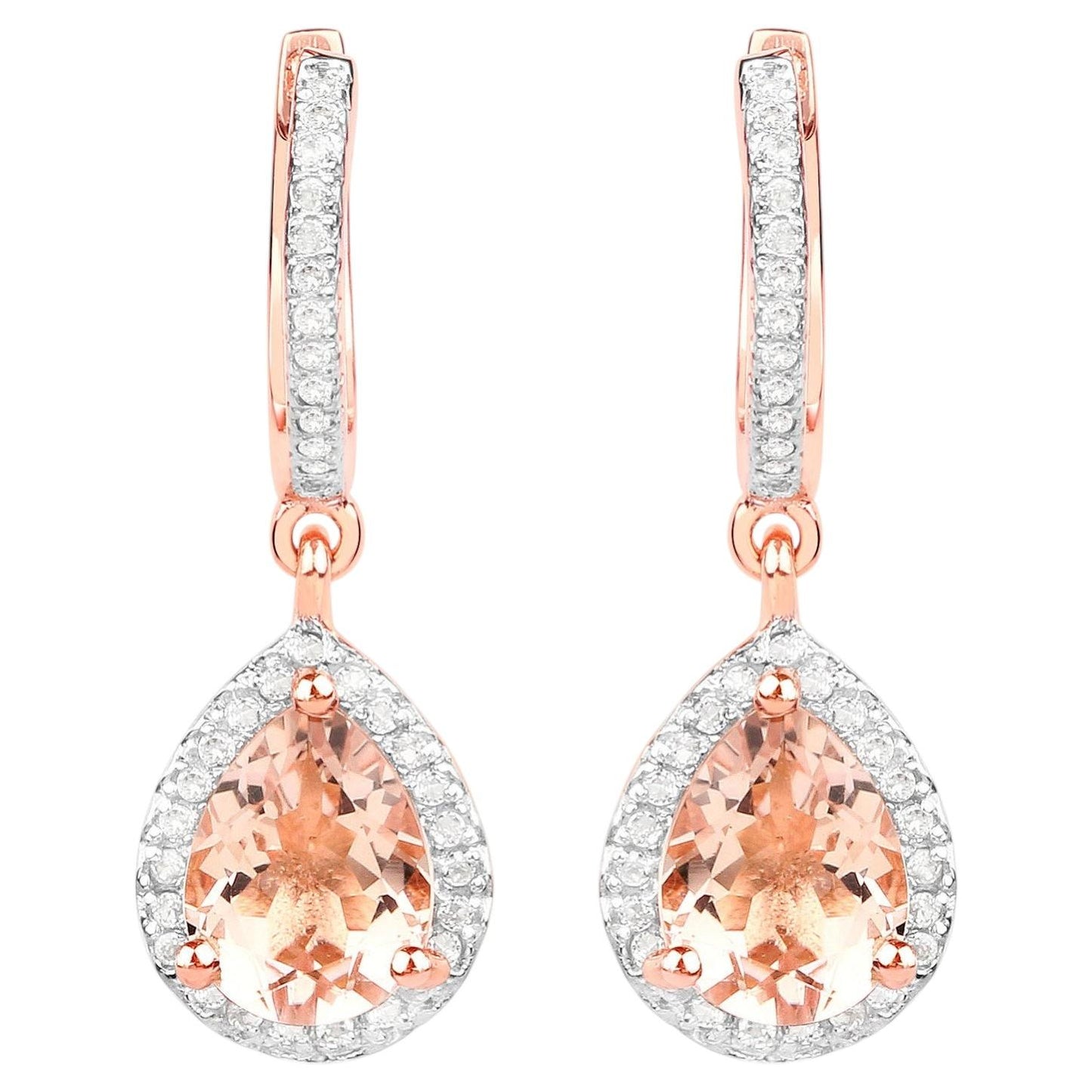 Morganite Dangle Earrings With White Topaz 2.02 Carats Gold Plated Silver