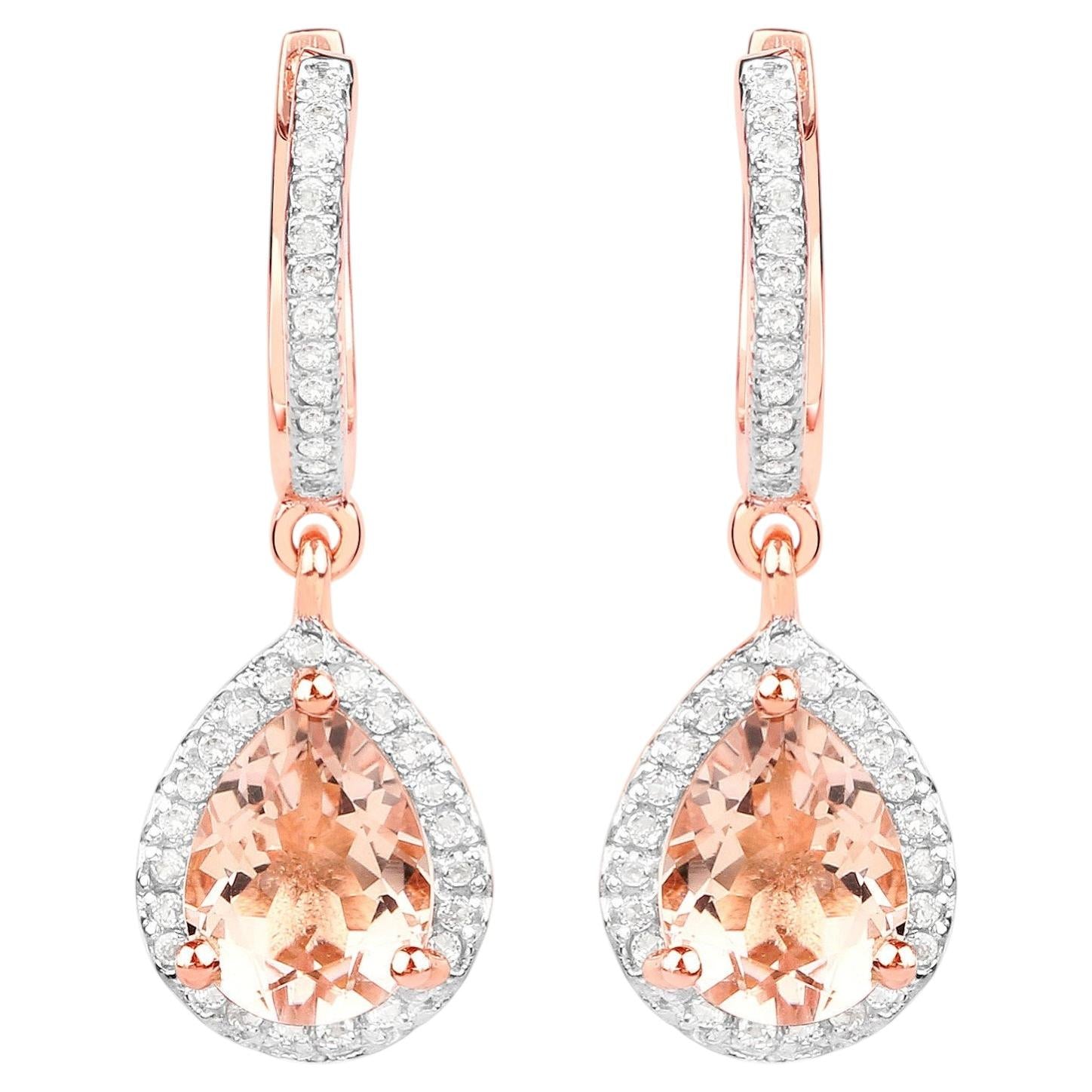 Morganite Dangle Earrings With White Topaz 2.02 Carats Gold Plated Silver