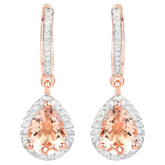 Morganite Dangle Earrings With White Topaz 2.02 Carats Gold Plated Silver