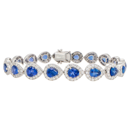 Blue Pear Cut Sapphire Bracelet Diamond Halo 13.6 Carats 18K Gold