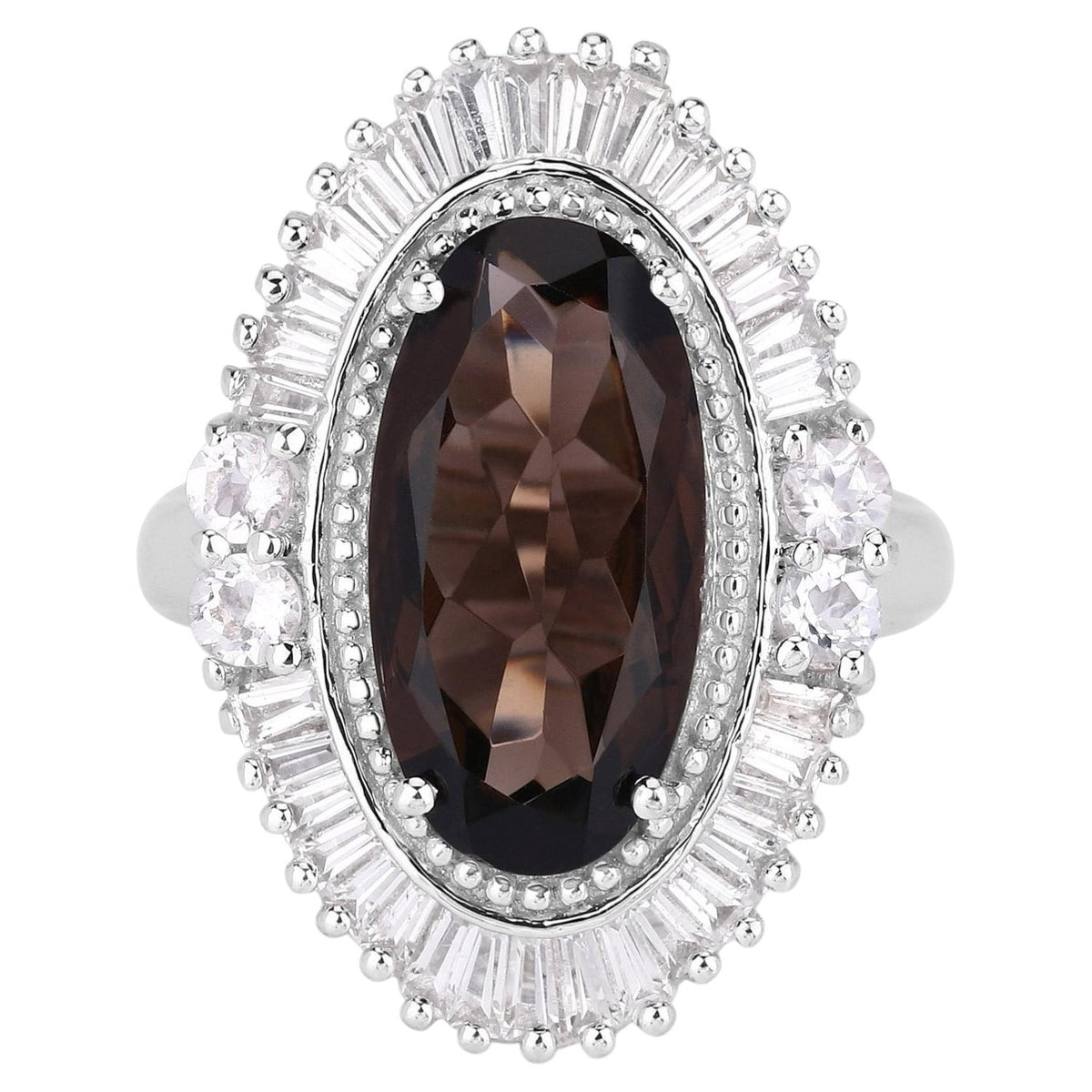 Smoky Quartz Ring With White Topaz 8.04 Carats Sterling Silver