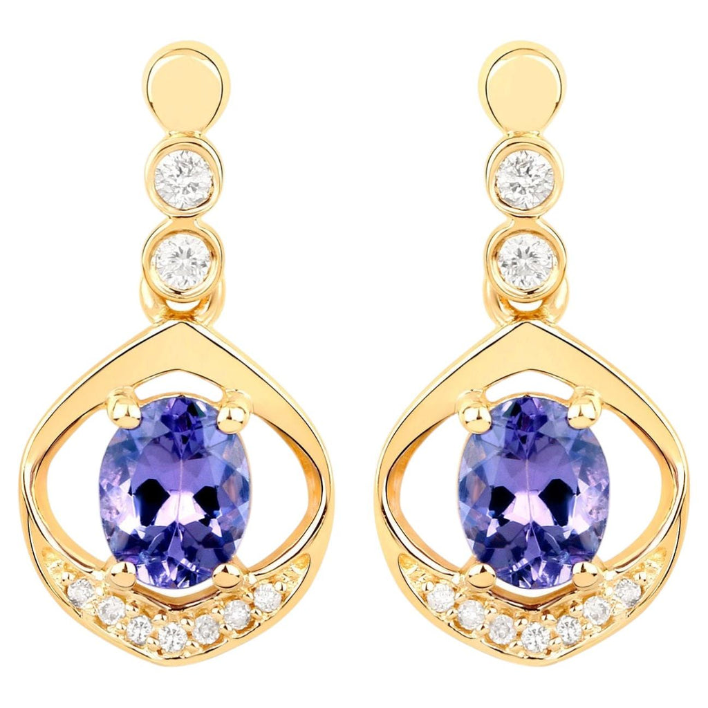 Natural Tanzanite Earrings With Diamonds 0.72 Carats 14K Yellow Gold