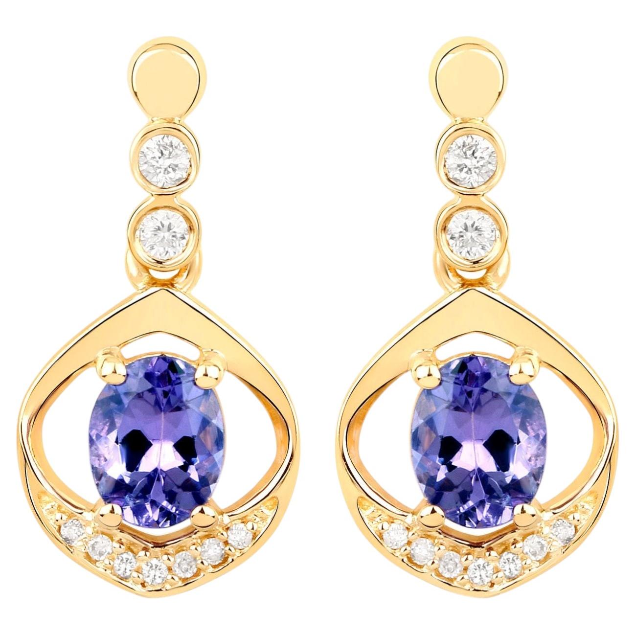 Natural Tanzanite Earrings With Diamonds 0.72 Carats 14K Yellow Gold