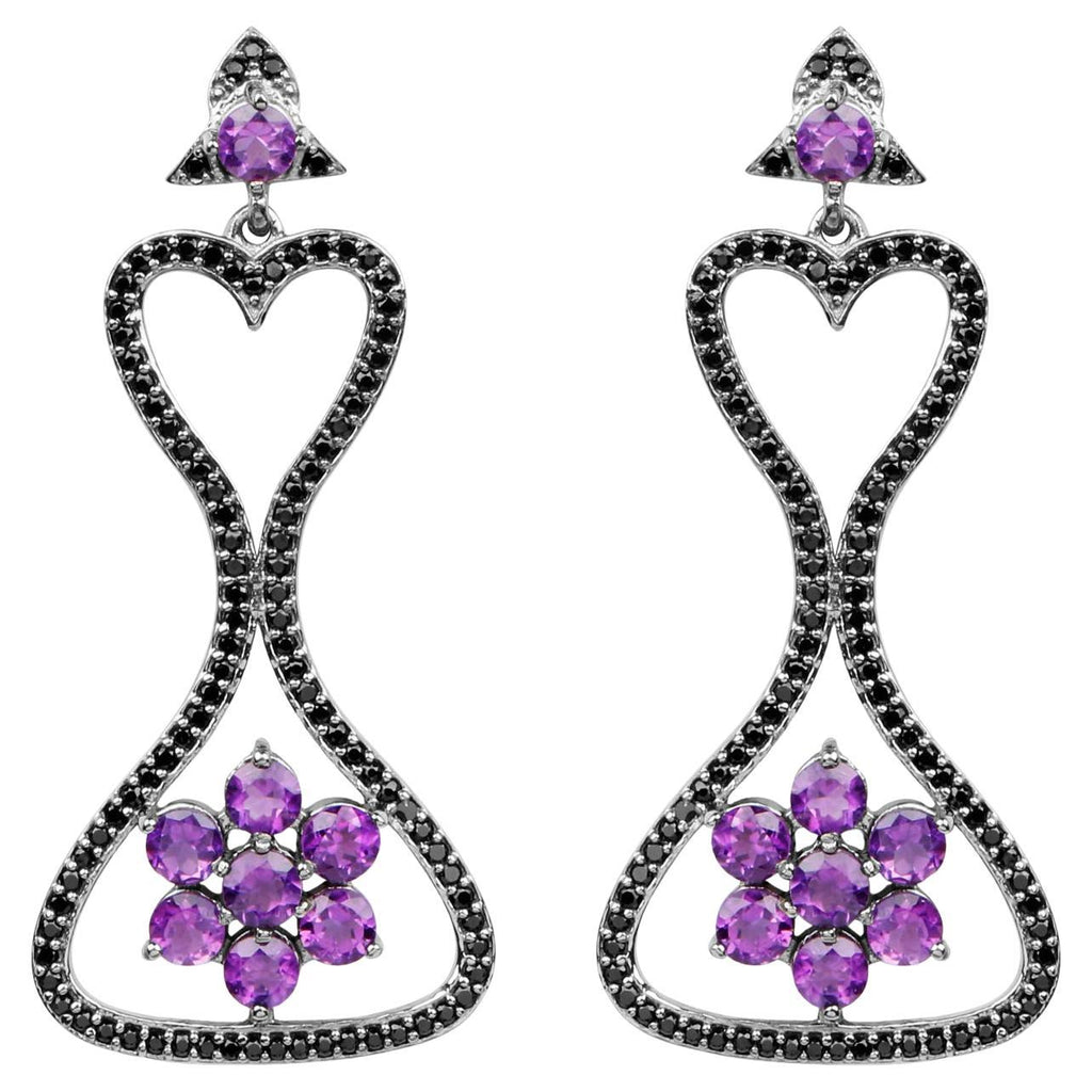 Amethyst Dangle Earrings Black Spinel 6.2 Carats Black Rhodium Plated Silver