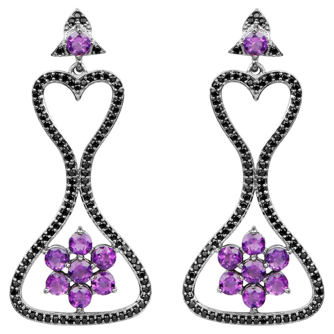Amethyst Dangle Earrings Black Spinel 6.2 Carats Black Rhodium Plated Silver