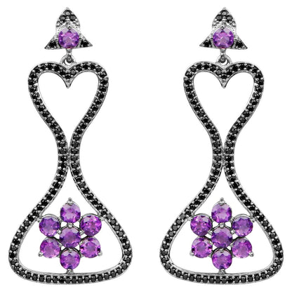 Amethyst Dangle Earrings Black Spinel 6.2 Carats Black Rhodium Plated Silver
